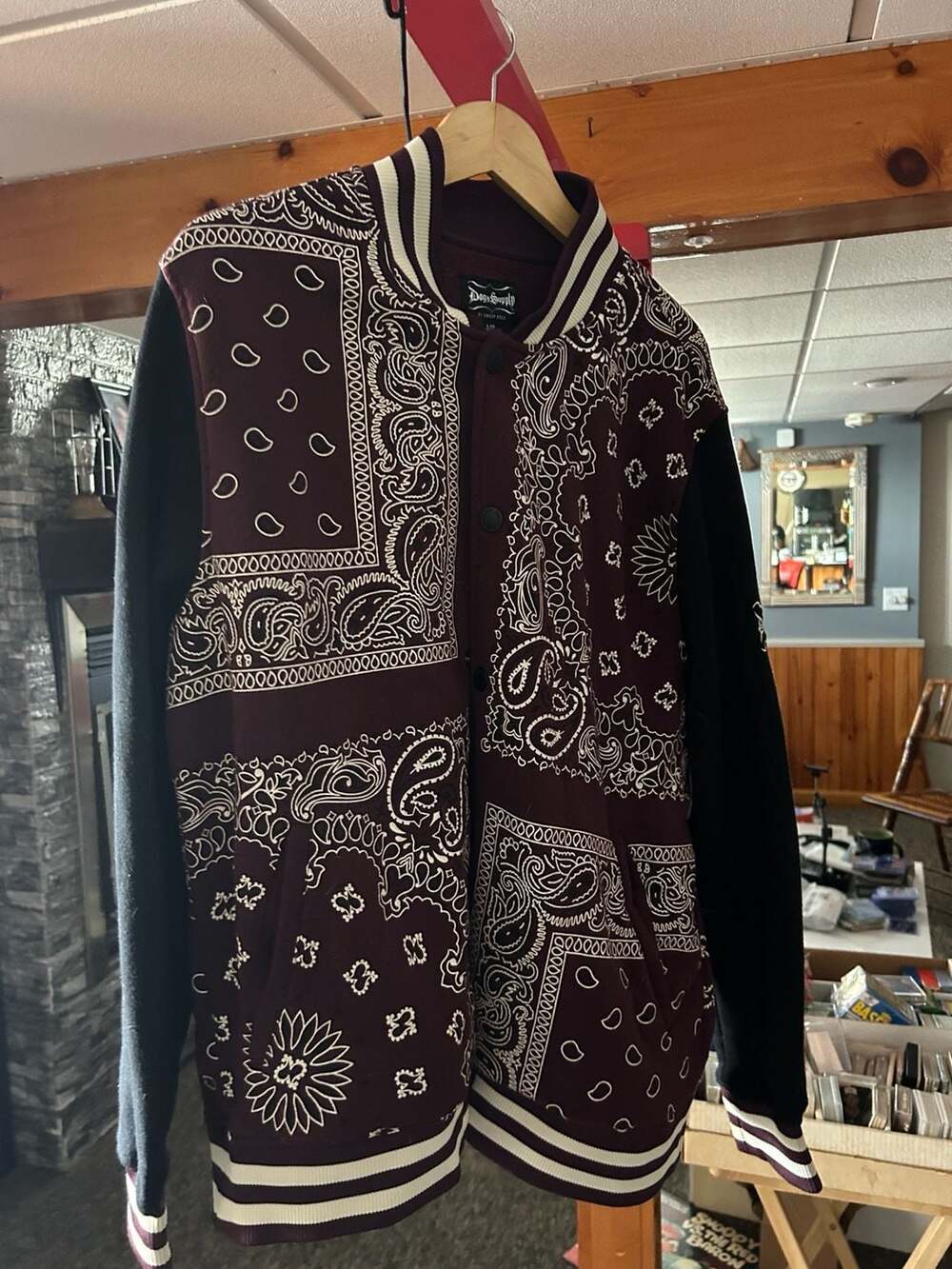 Dogg Supply Paisley Fleece Varsity Jacket Burgundy Black Size L